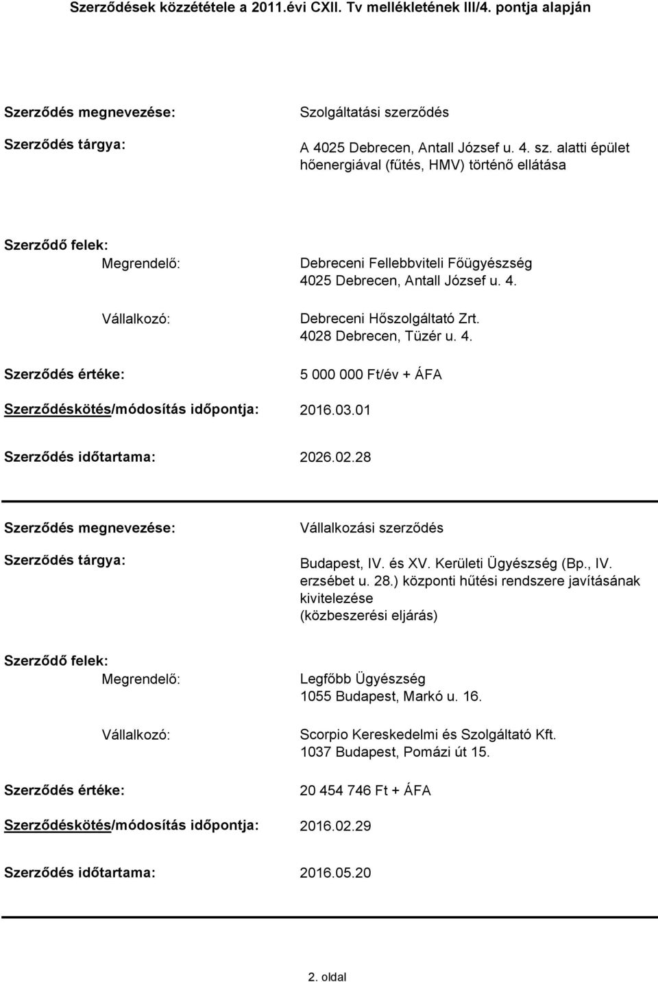 4028 Debrecen, Tüzér u. 4. 5 000 000 Ft/év + ÁFA Szerződéskötés/módosítás időpontja: 2016.03.01 Szerződés időtartama: 2026.02.28 Budapest, IV. és XV.