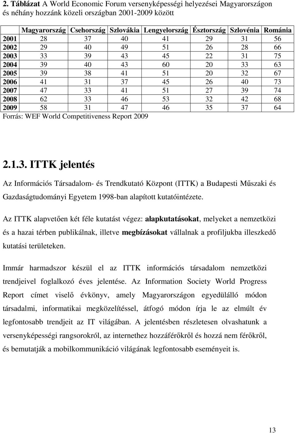 33 46 53 32 42 68 2009 58 31 47 46 35 37 64 Forrás: WEF World Competitiveness Report 2009 2.1.3. ITTK jelentés Az Információs Társadalom- és Trendkutató Központ (ITTK) a Budapesti Műszaki és Gazdaságtudományi Egyetem 1998-ban alapított kutatóintézete.