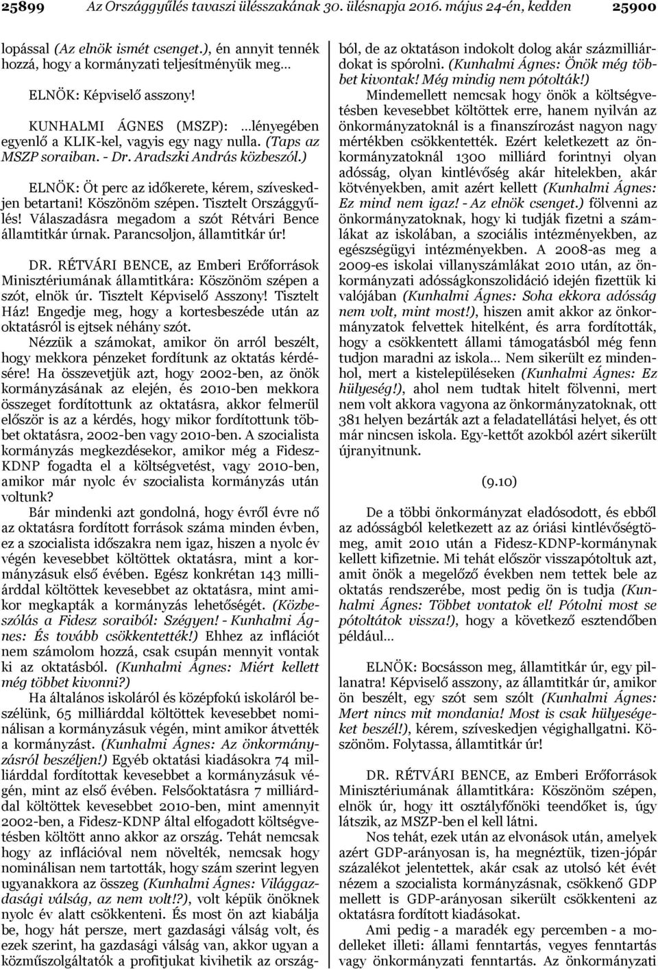 Aradszki András közbeszól.) ELNÖK: Öt perc az időkerete, kérem, szíveskedjen betartani! Köszönöm szépen. Tisztelt Országgyűlés! Válaszadásra megadom a szót Rétvári Bence államtitkár úrnak.