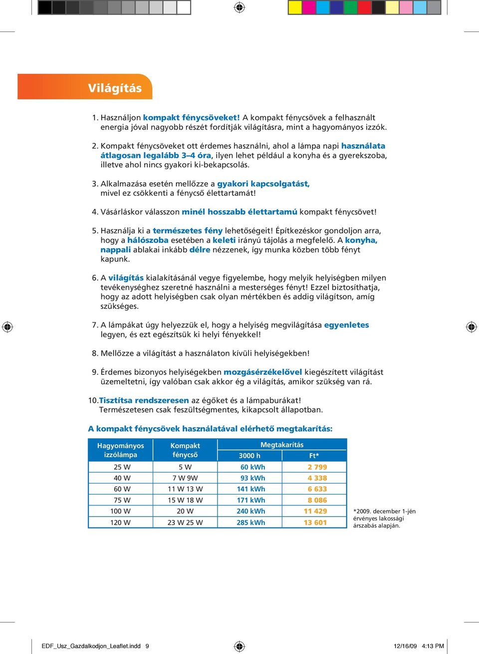 4. Vásárláskor válasszon minél hosszabb élettartamú kompakt fénycsövet! 5. Használja ki a természetes fény lehetôségeit!