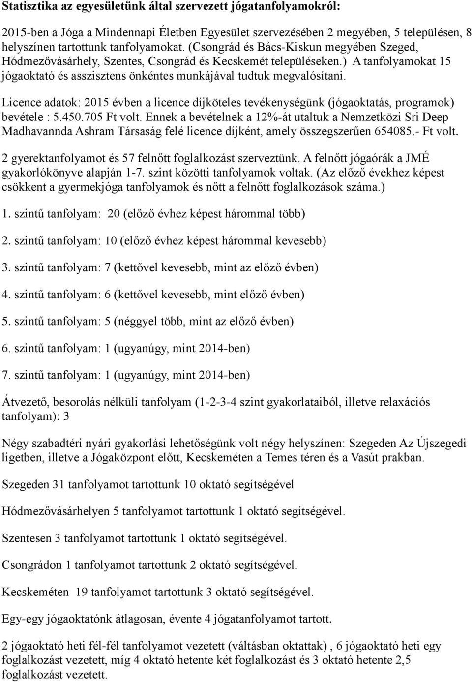 Licence adatok: 2015 évben a licence díjköteles tevékenységünk (jógaoktatás, programok) bevétele : 5.450.705 Ft volt.