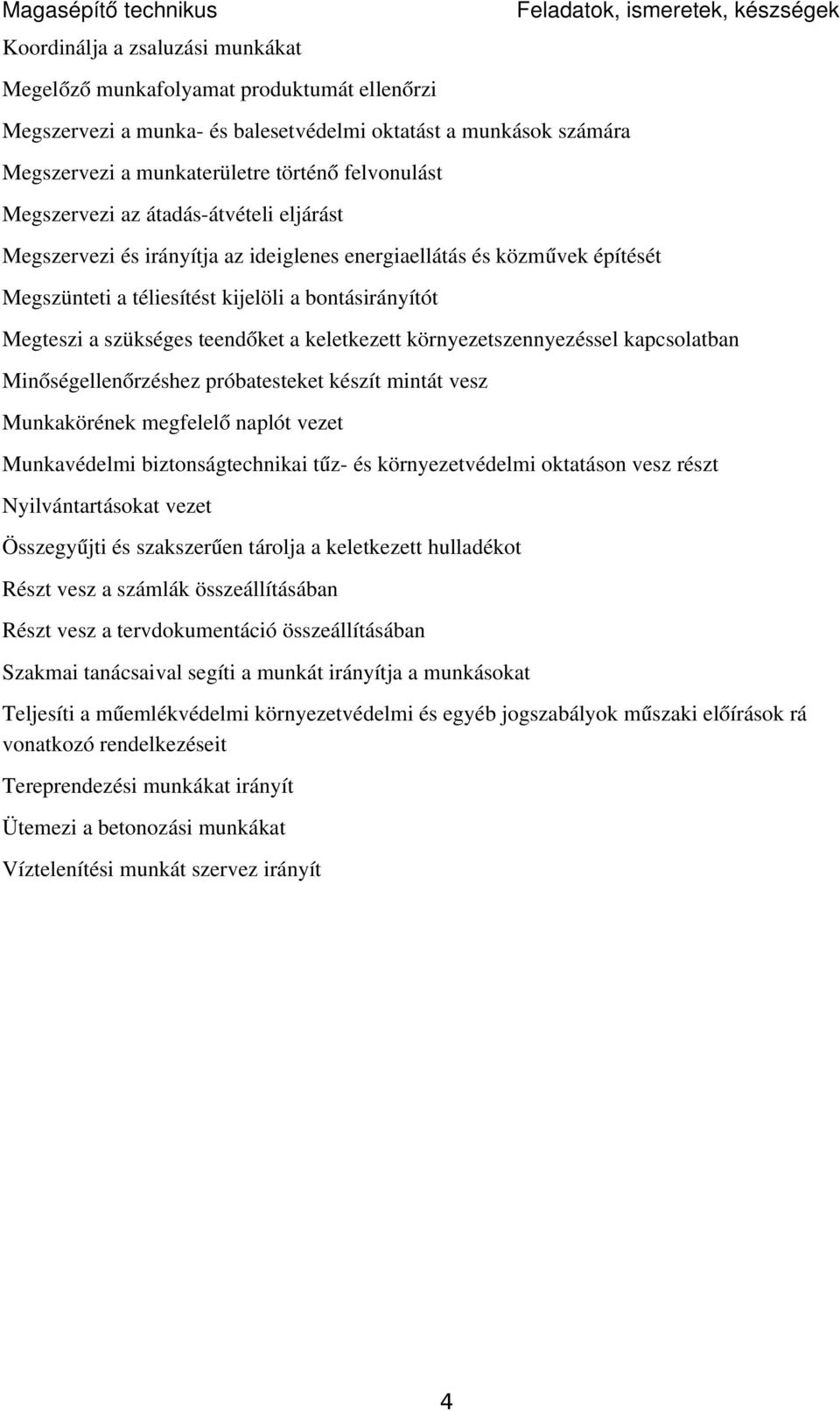 Megteszi a szükséges teendőket a keletkezett környezetszennyezéssel kapcsolatban Minőségellenőrzéshez próbatesteket készít mintát vesz Munkakörének megfelel ő naplót vezet Munkavédelmi