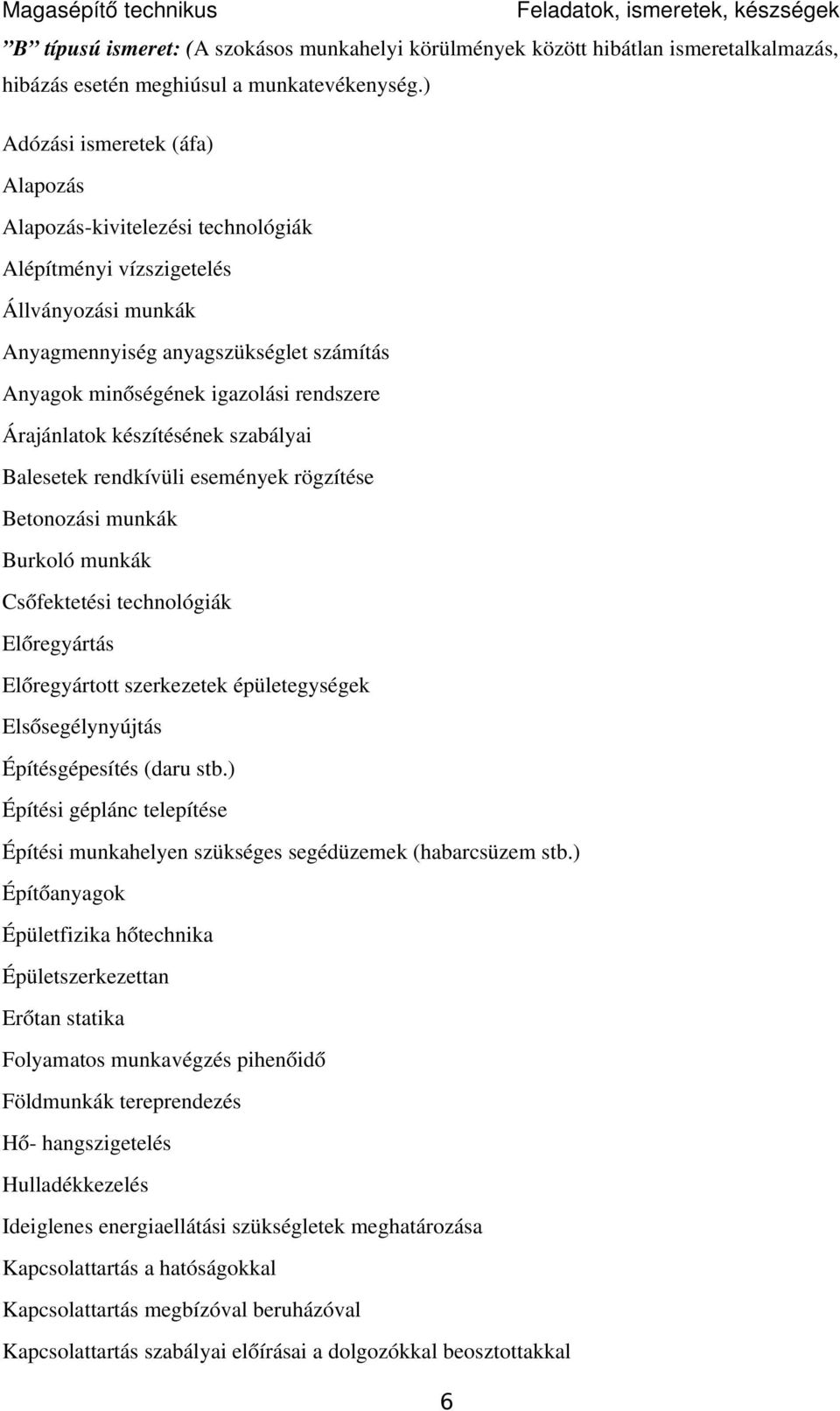 Árajánlatok készítésének szabályai Balesetek rendkívüli események rögzítése Betonozási munkák Burkoló munkák Csőfektetési technológiák Előregyártás Előregyártott szerkezetek épületegységek