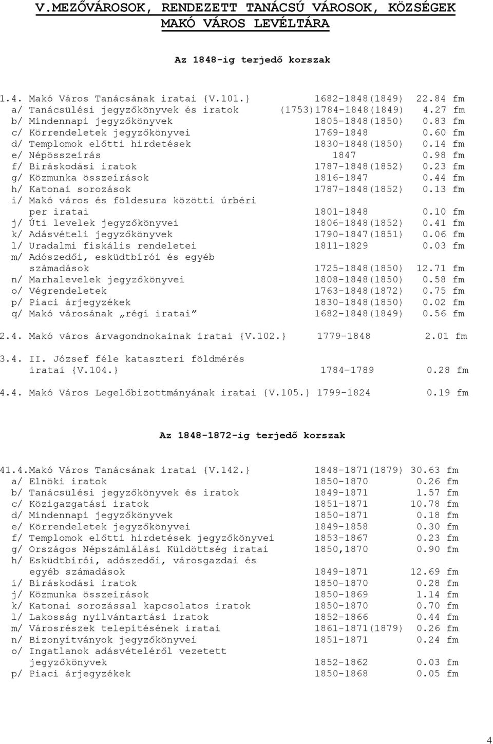 60 fm d/ Templomok előtti hirdetések 1830-1848(1850) 0.14 fm e/ Népösszeírás 1847 0.98 fm f/ Bíráskodási iratok 1787-1848(1852) 0.23 fm g/ Közmunka összeírások 1816-1847 0.