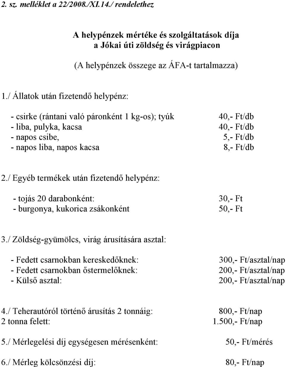 / Egyéb termékek után fizetendő helypénz: - tojás 20 darabonként: 30,- Ft - burgonya, kukorica zsákonként 50,- Ft 3.