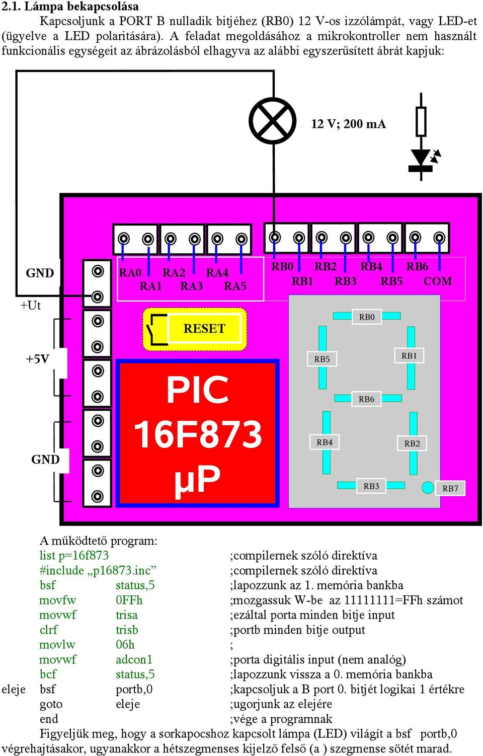 RB6 RB1 RB3 RB5 COM RB0 +5V PIC 16F873 µp RB5 RB4 RB6 RB3 RB1 RB2 RB7 A működtető program: ;compilernek szóló direktíva ;compilernek szóló direktíva ;lapozzunk az 1.