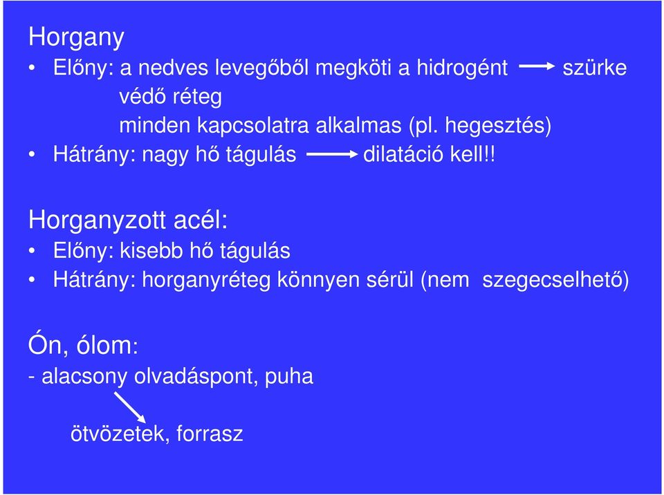 ! Horganyzott acél: Elıny: kisebb hı tágulás Hátrány: horganyréteg könnyen