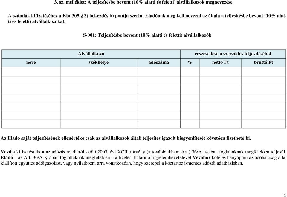 S-001: Teljesítésbe bevont (10% alatti és feletti) alvállalkozók Alvállalkozó részesedése a szerződés teljesítéséből neve székhelye adószáma % nettó Ft bruttó Ft Az Eladó saját teljesítésének