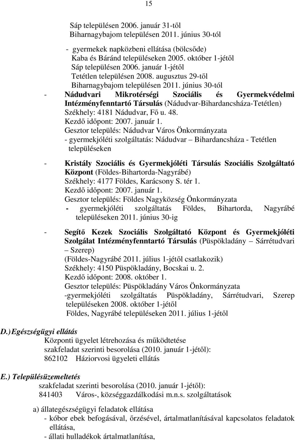 június 30-tól - Nádudvari Mikrotérségi Szociális és Gyermekvédelmi Intézményfenntartó Társulás (Nádudvar-Bihardancsháza-Tetétlen) Székhely: 4181 Nádudvar, Fő u. 48. Kezdő időpont: 2007. január 1.