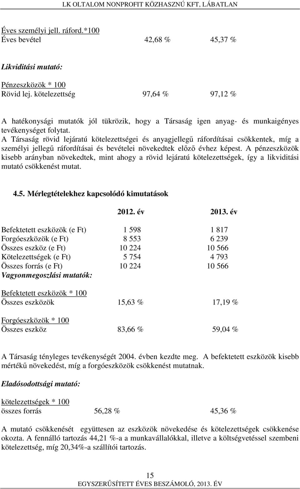 A Társaság rövid lejáratú kötelezettségei és anyagjellegű ráfordításai csökkentek, míg a személyi jellegű ráfordításai és bevételei növekedtek előző évhez képest.