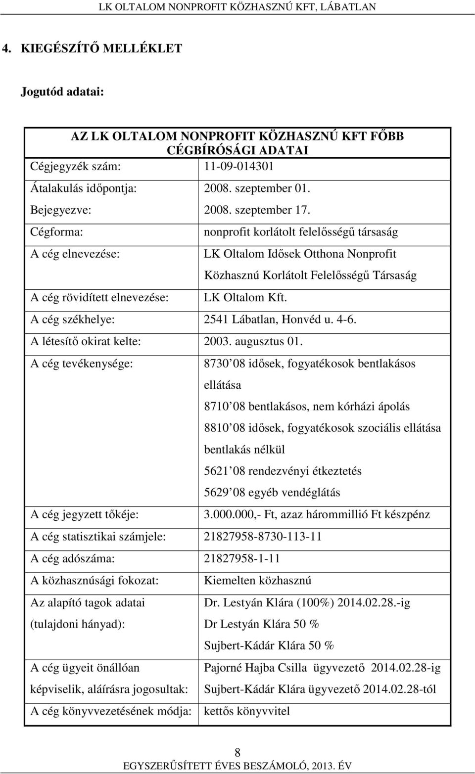 A cég székhelye: 2541 Lábatlan, Honvéd u. 4-6. A létesítő okirat kelte: 2003. augusztus 01.