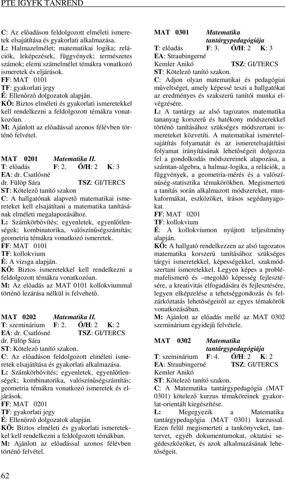 KÖ: Biztos elméleti és gyakorlati ismeretekkel kell rendelkezni a feldolgozott témákra vonatkozóan. M: Ajánlott az előadással azonos félévben történő felvétel. MAT 0201 Matematika II. T: előadás F: 2.