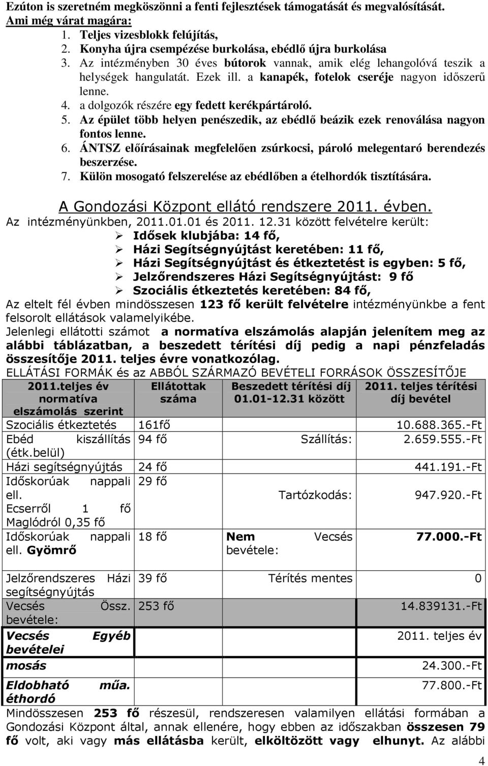 a dolgozók részére egy fedett kerékpártároló. 5. Az épület több helyen penészedik, az ebédlı beázik ezek renoválása nagyon fontos lenne. 6.