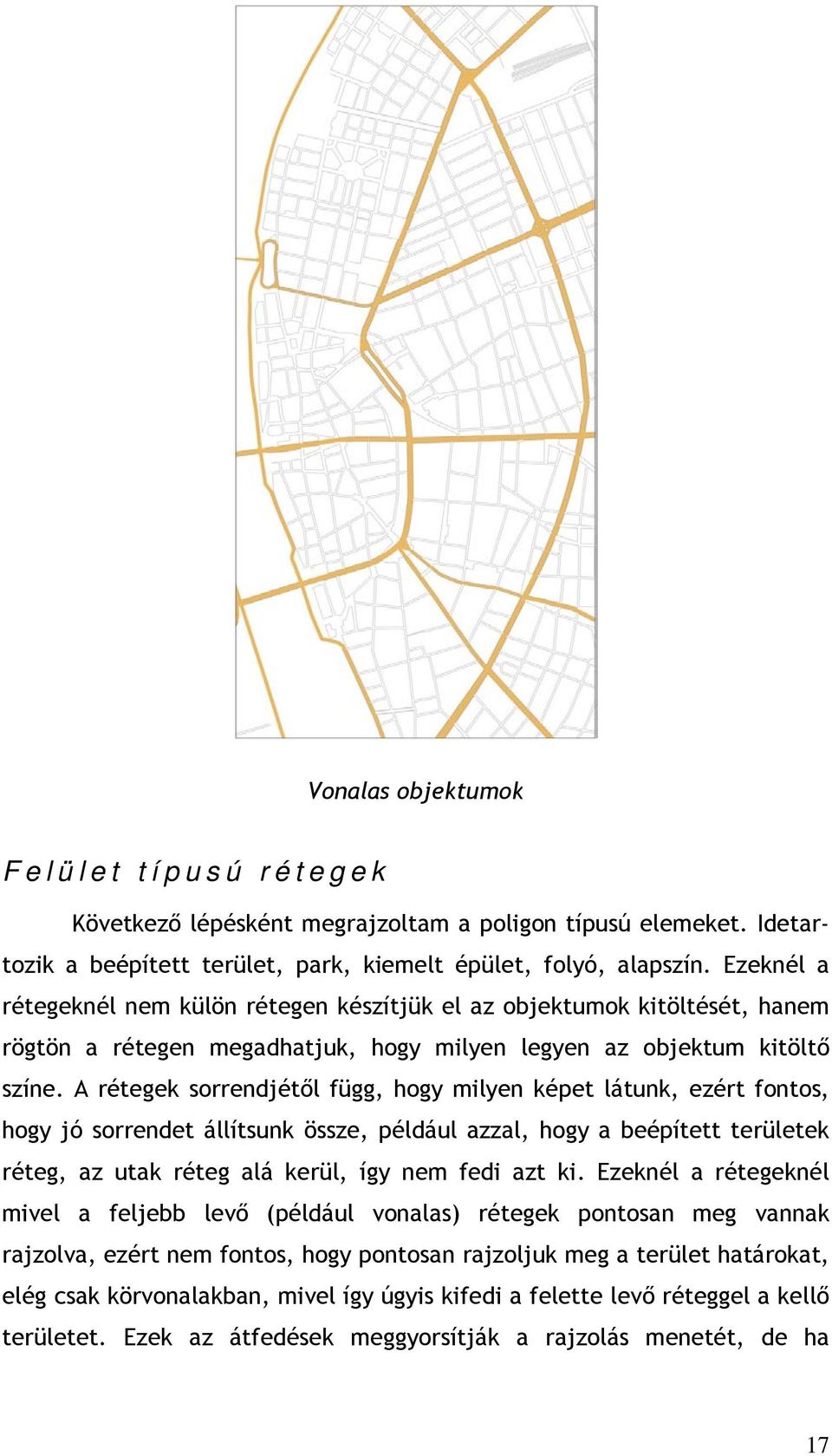 A rétegek sorrendjétől függ, hogy milyen képet látunk, ezért fontos, hogy jó sorrendet állítsunk össze, például azzal, hogy a beépített területek réteg, az utak réteg alá kerül, így nem fedi azt ki.