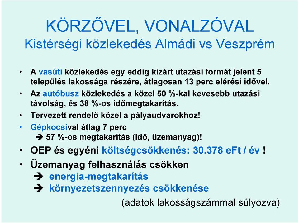 Az autóbusz közlekedés a közel 50 %-kal kevesebb utazási távolság, és 38 %-os időmegtakarítás. Tervezett rendelő közel a pályaudvarokhoz!