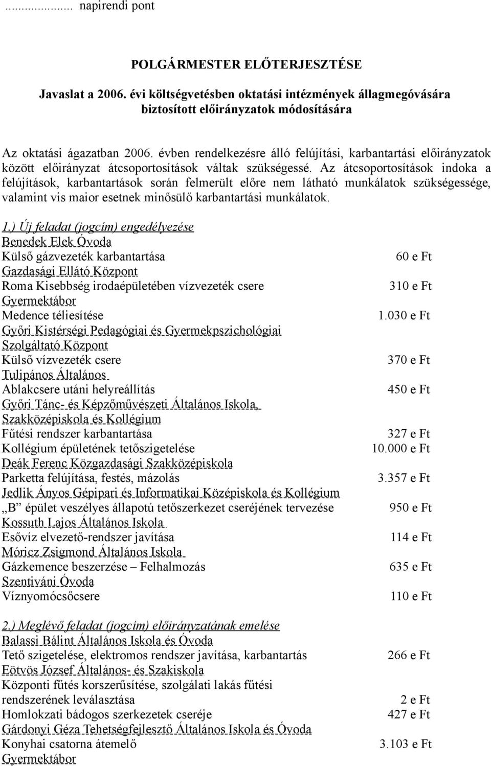 Az átcsoportosítások indoka a felújítások, karbantartások során felmerült előre nem látható munkálatok szükségessége, valamint vis maior esetnek minősülő karbantartási munkálatok. 1.