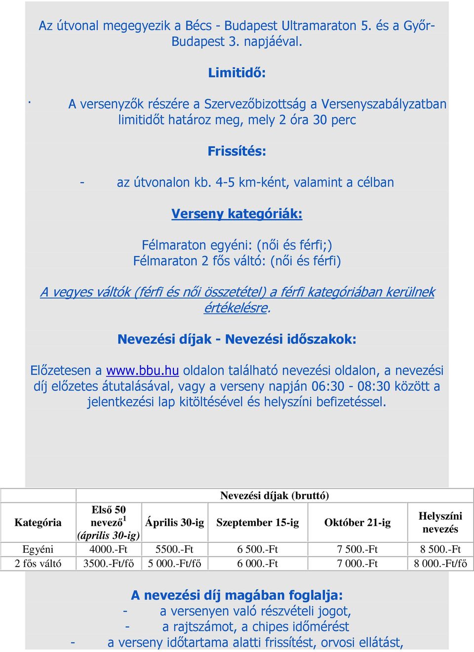 4-5 km-ként, valamint a célban Verseny kategóriák: Félmaraton egyéni: (női és férfi;) Félmaraton 2 fős váltó: (női és férfi) A vegyes váltók (férfi és női összetétel) a férfi kategóriában kerülnek