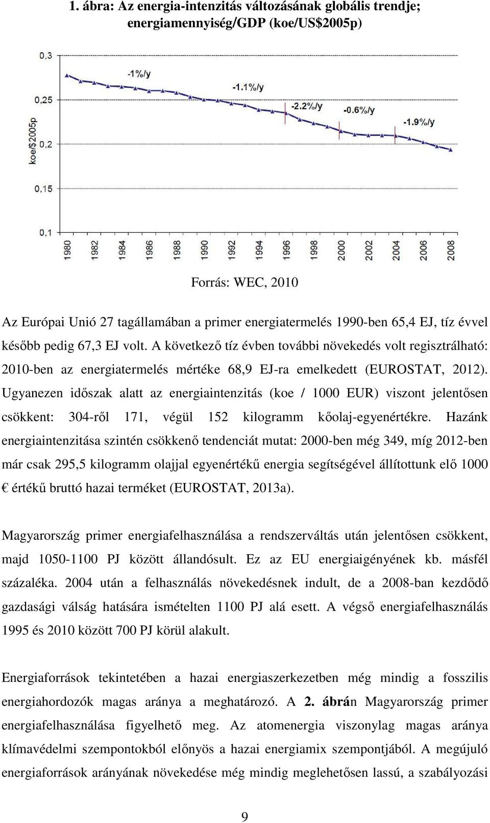 Ugyanezen időszak alatt az energiaintenzitás (koe / 1000 EUR) viszont jelentősen csökkent: 304-ről 171, végül 152 kilogramm kőolaj-egyenértékre.
