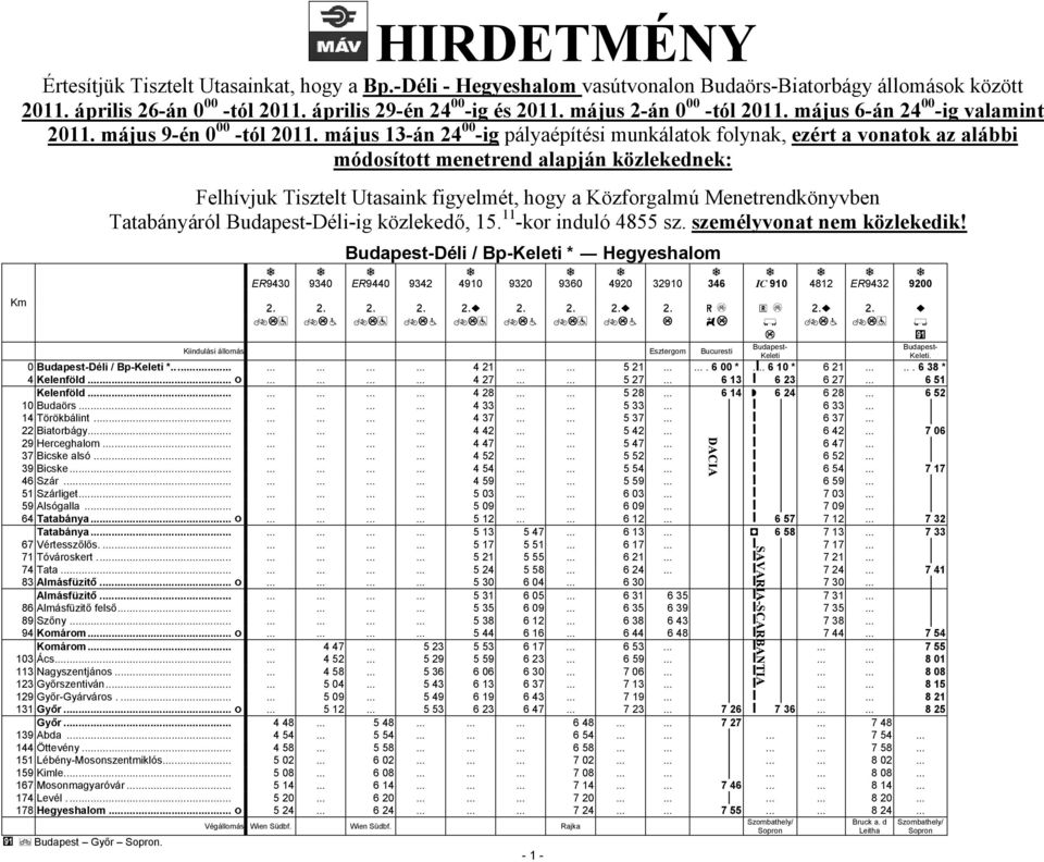 május 13-án 24 00 -ig pályaépítési munkálatok folynak, ezért a vonatok az alábbi módosított menetrend alapján közlekednek: Felhívjuk Tisztelt Utasaink figyelmét, hogy a Közforgalmú Menetrendkönyvben