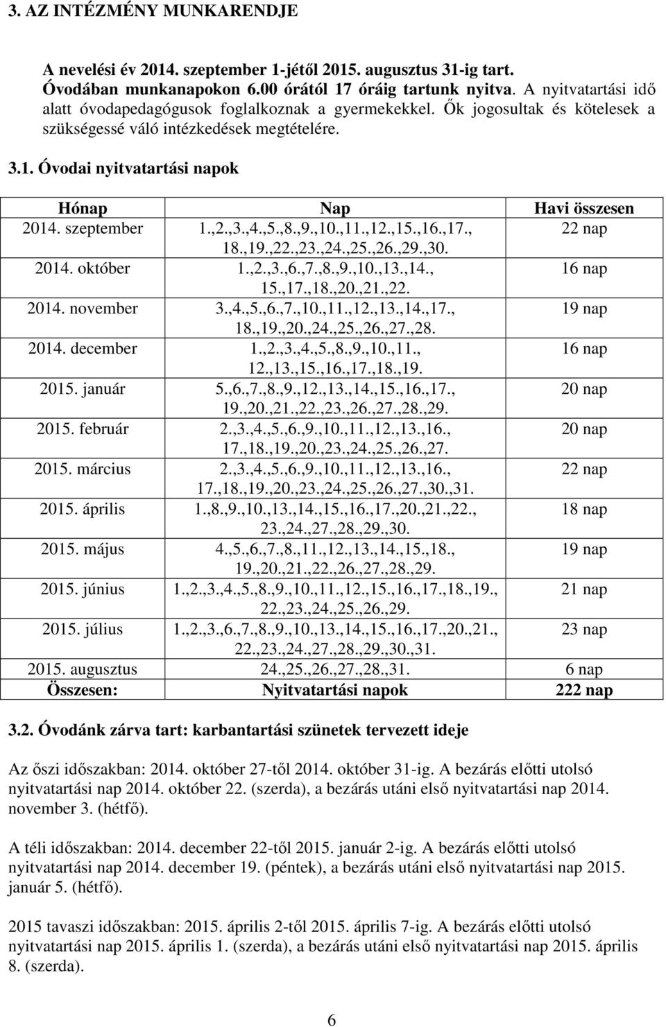 Óvodai nyitvatartási napok Hónap Nap Havi összesen 2014. szeptember 1.,2.,3.,4.,5.,8.,9.,10.,11.,12.,15.,16.,17., 22 nap 18.,19.,22.,23.,24.,25.,26.,29.,30. 2014. október 1.,2.,3.,6.,7.,8.,9.,10.,13.