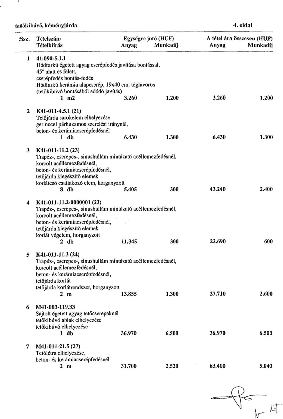 260 1.200 3.260 1.200 2 K41-011-4.5.1 (21) Tetőjárda sarokelem elhelyezése gerinccel párhuzamos szerelési iránynál, beton- és kerámiacserépfedésnél 1 db 6.430 1.300 6.430 1.300 3 K41-011-11.