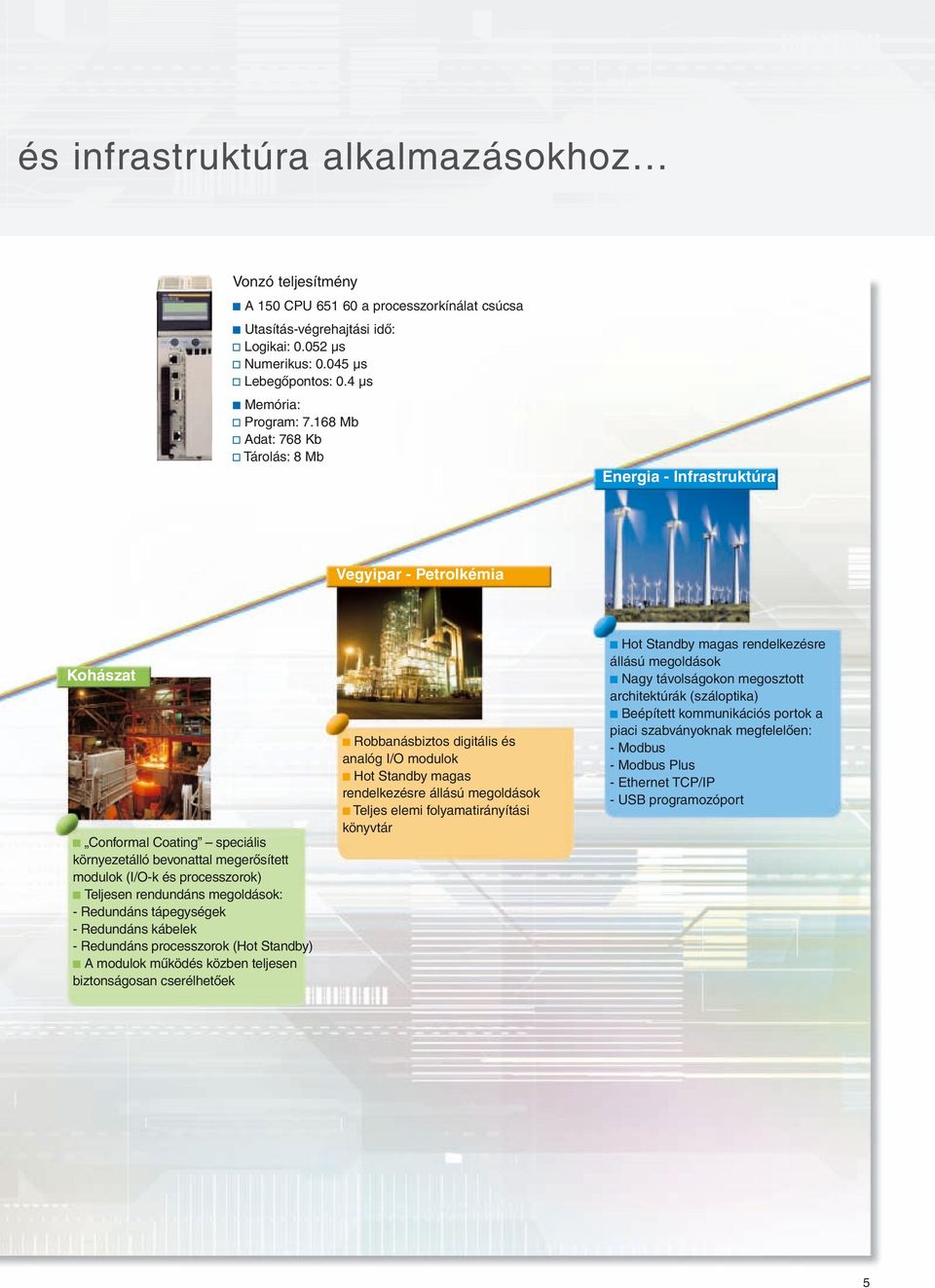 168 Mb v Adat: 768 Kb v Tárolás: 8 Mb Energia - Infrastruktúra Vegyipar - Petrolkémia Kohászat c Conformal Coating speciális környezetálló bevonattal megerôsített modulok (I/O-k és processzorok) c