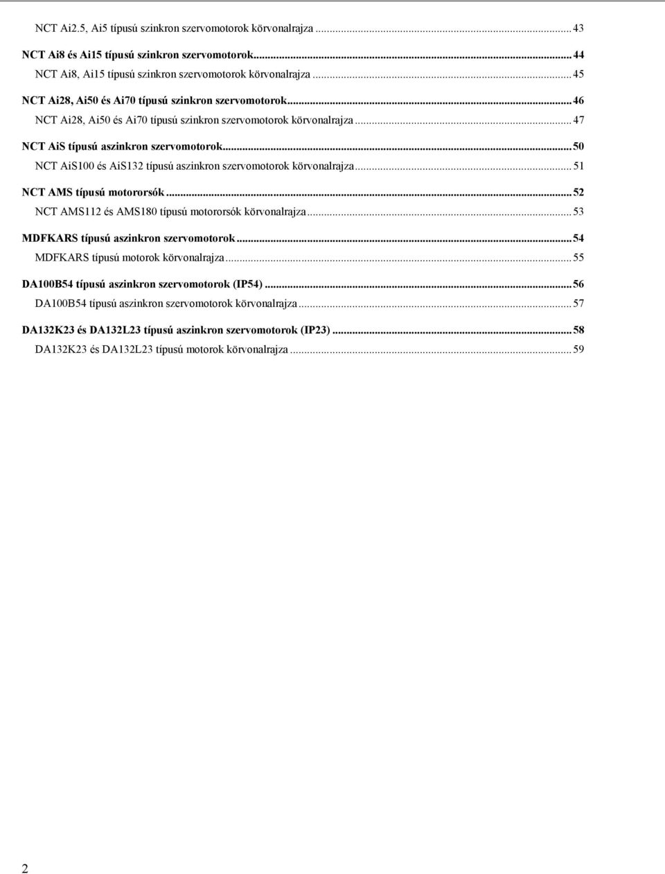 ..50 NCT AiS100 és AiS132 típusú aszinkron szervomotorok körvonalrajza...51 NCT AMS típusú motororsók...52 NCT AMS112 és AMS180 típusú motororsók körvonalrajza.