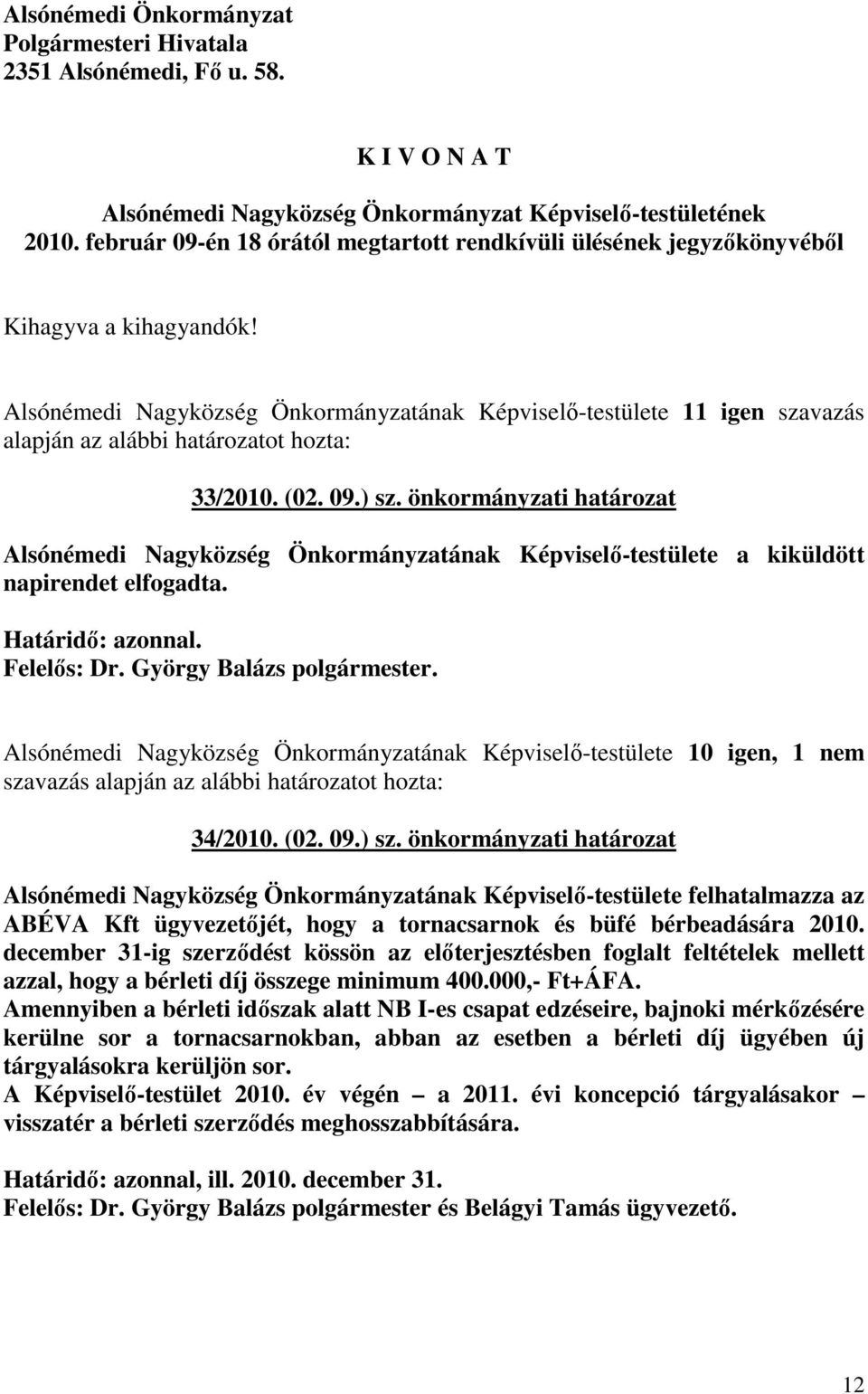 önkormányzati határozat Alsónémedi Nagyközség Önkormányzatának Képviselı-testülete a kiküldött napirendet elfogadta.