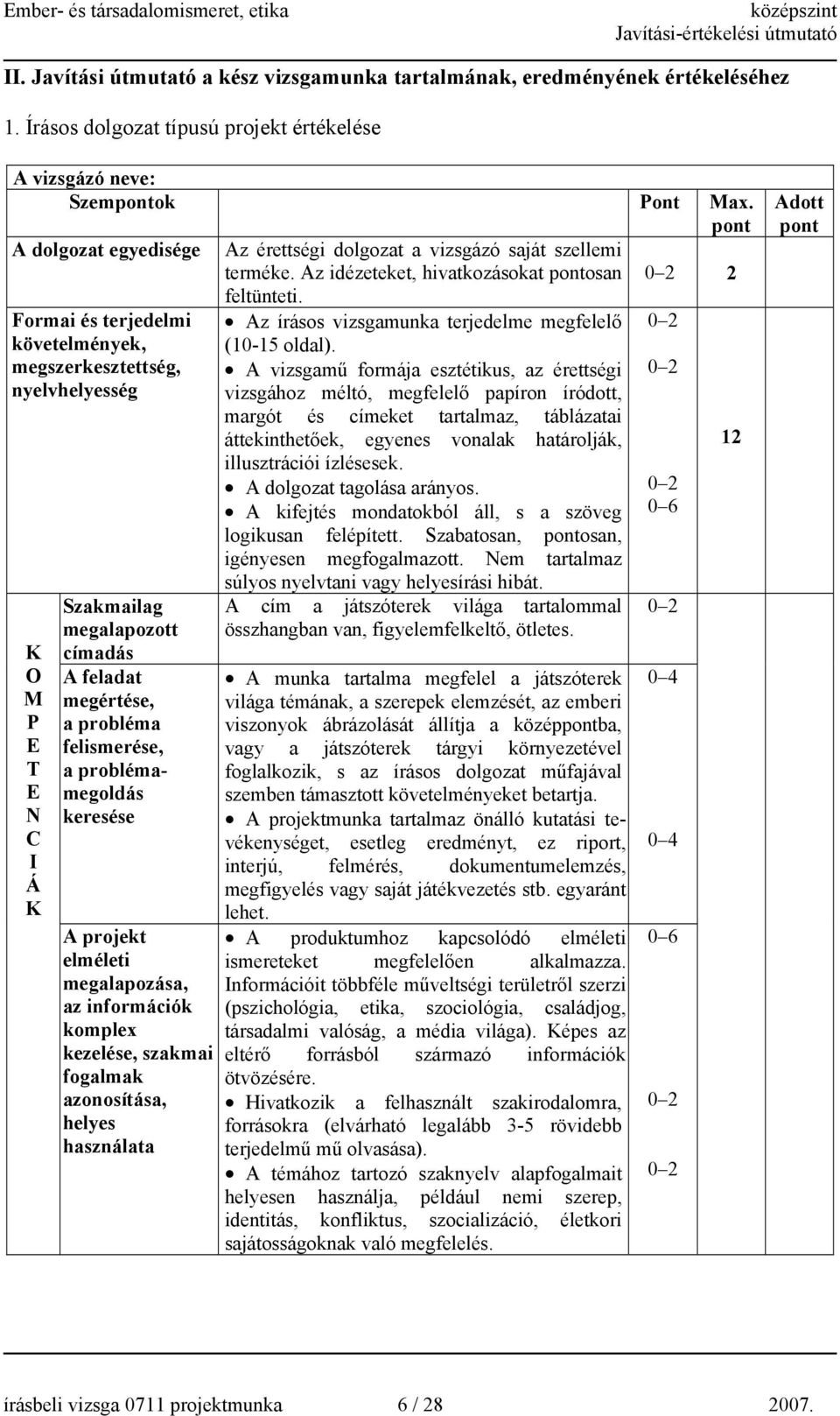 Az idézeteket, hivatkozásokat osan 2 Formai és terjedelmi követelmények, megszerkesztettség, nyelvhelyesség Szakmailag megalapozott címadás A feladat megértése, a probléma felismerése, a