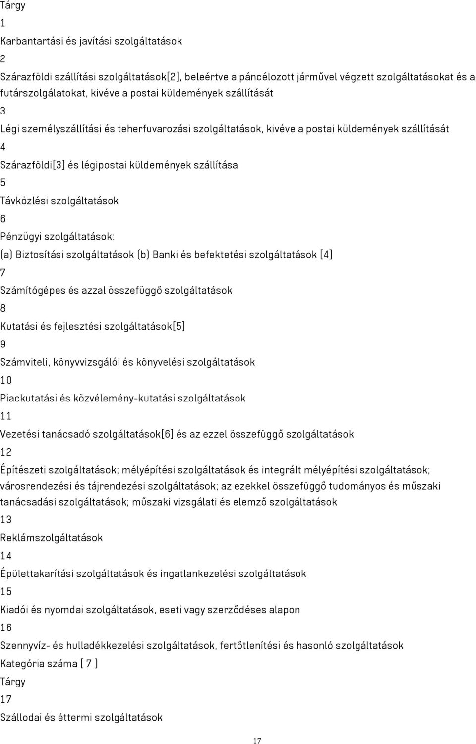 szolgáltatások 6 Pénzügyi szolgáltatások: (a) Biztosítási szolgáltatások (b) Banki és befektetési szolgáltatások [4] 7 Számítógépes és azzal összefüggő szolgáltatások 8 Kutatási és fejlesztési