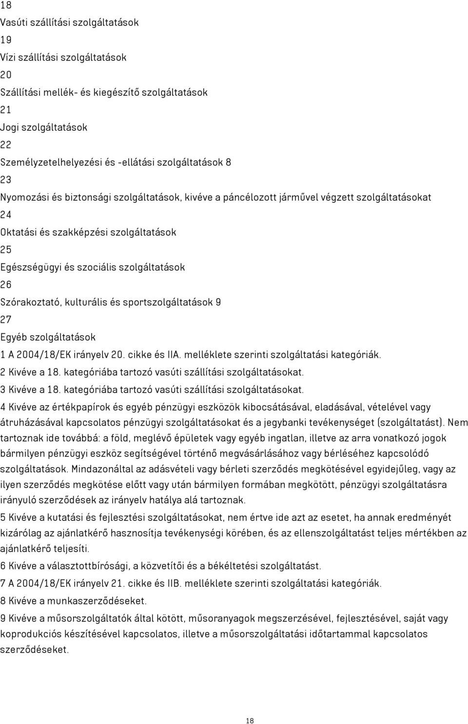 Szórakoztató, kulturális és sportszolgáltatások 9 27 Egyéb szolgáltatások 1 A 2004/18/EK irányelv 20. cikke és IIA. melléklete szerinti szolgáltatási kategóriák. 2 Kivéve a 18.