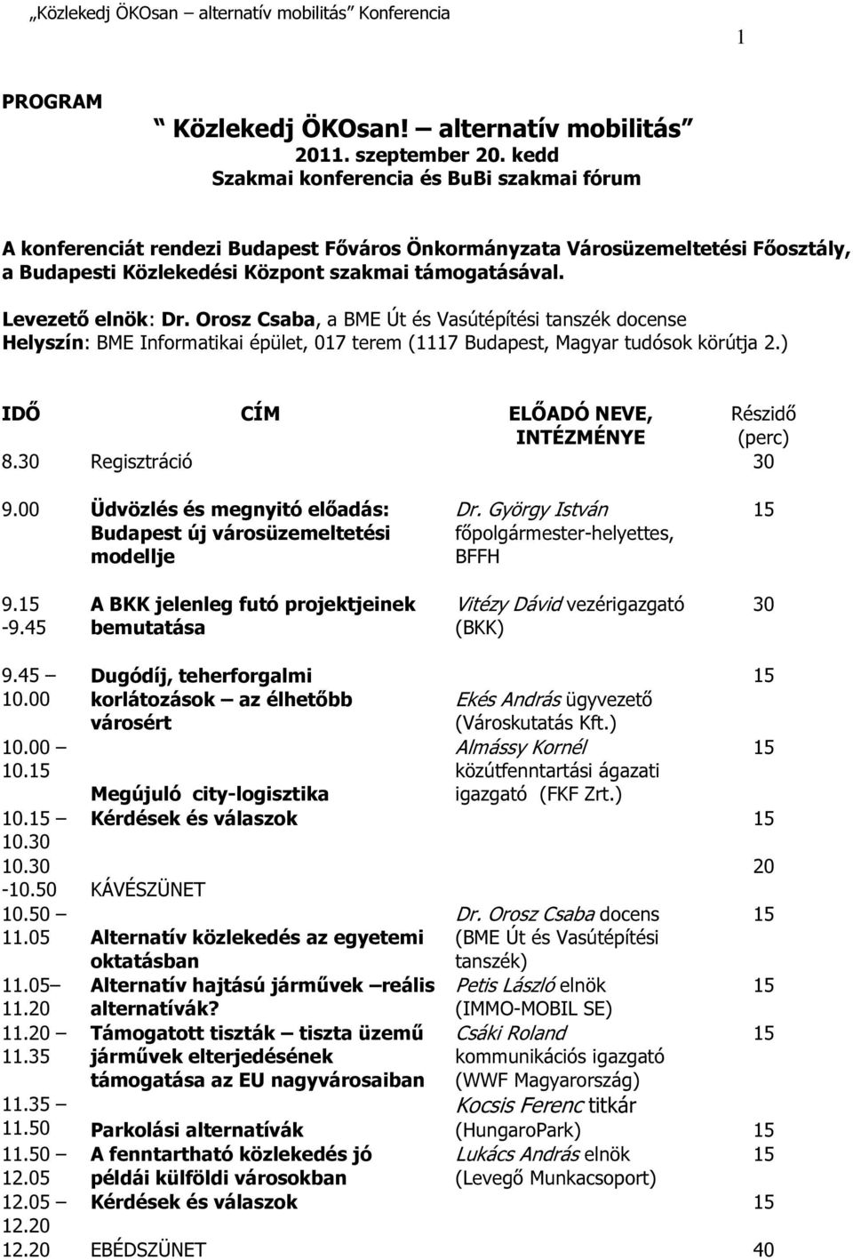 Levezető elnök: Dr. Orosz Csaba, a BME Út és Vasútépítési tanszék docense Helyszín: BME Informatikai épület, 07 terem (7 Budapest, Magyar tudósok körútja 2.