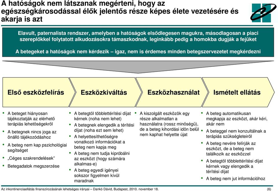 betegszervezetet megkérdezni Elsı eszközfelírás Eszközkiváltás Eszközhasználat Ismételt ellátás A beteget hiányosan tájékoztatják az elérhetı terápiás lehetıségekrıl A betegnek nincs joga az önálló