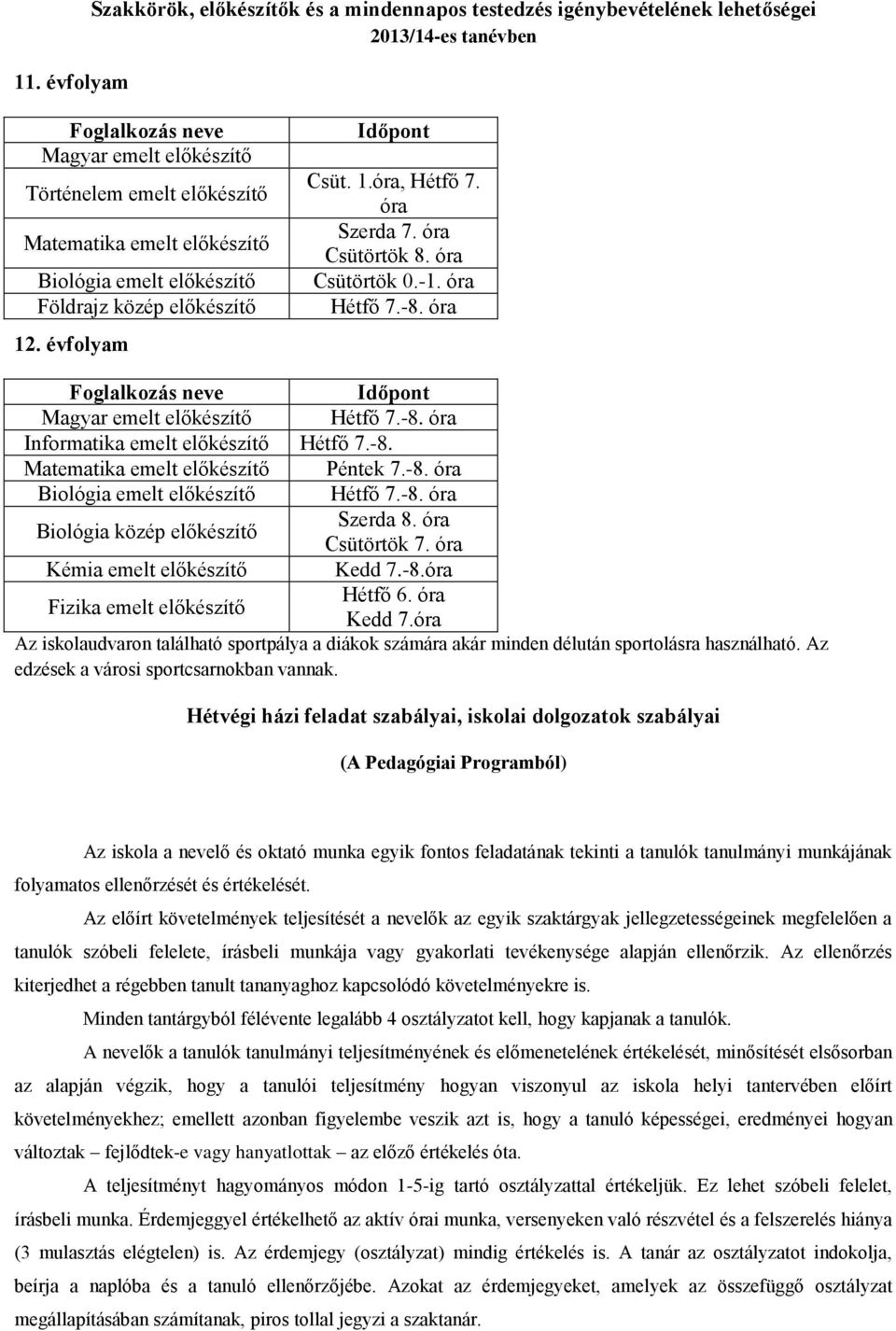 óra Foglalkozás neve Időpont Magyar emelt előkészítő Hétfő 7.-8. óra Informatika emelt előkészítő Hétfő 7.-8. Matematika emelt előkészítő Péntek 7.-8. óra Biológia emelt előkészítő Hétfő 7.-8. óra Biológia közép előkészítő Szerda 8.