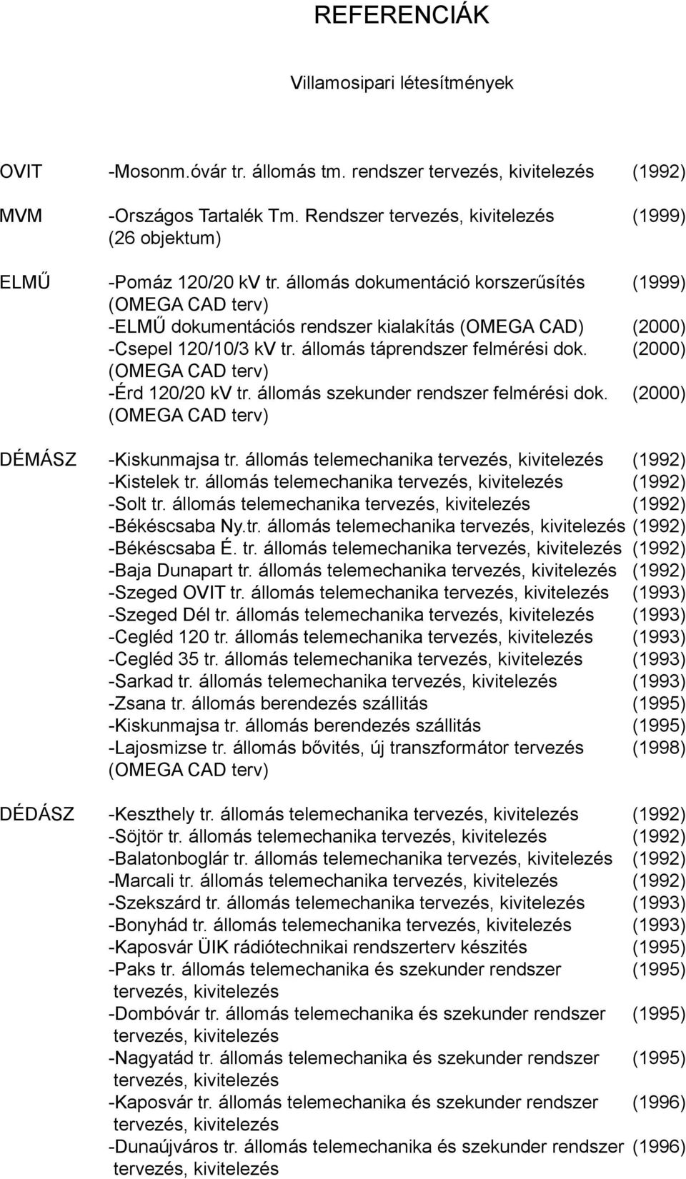 állomás szekunder rendszer felmérési dok. (2000) DÉMÁSZ -Kiskunmajsa tr. állomás telemechanika (1992) -Kistelek tr. állomás telemechanika (1992) -Solt tr. állomás telemechanika (1992) -Békéscsaba Ny.