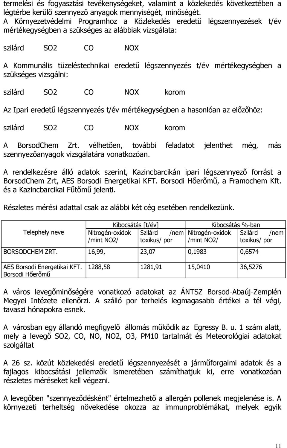 mértékegységben a szükséges vizsgálni: szilárd SO2 CO NOX korom Az Ipari eredetű légszennyezés t/év mértékegységben a hasonlóan az előzőhöz: szilárd SO2 CO NOX korom A BorsodChem Zrt.