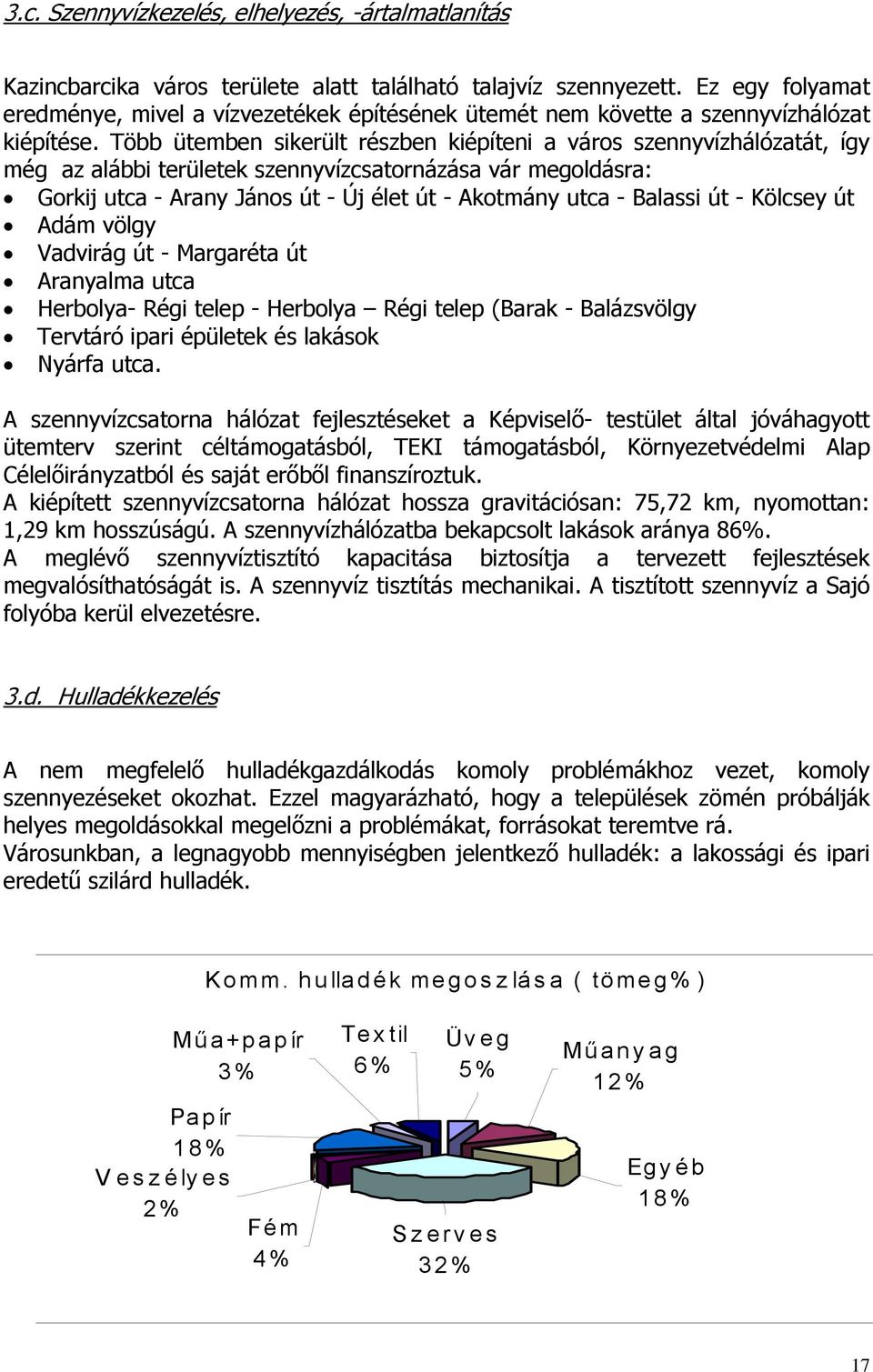 Több ütemben sikerült részben kiépíteni a város szennyvízhálózatát, így még az alábbi területek szennyvízcsatornázása vár megoldásra: Gorkij utca - Arany János út - Új élet út - Akotmány utca -