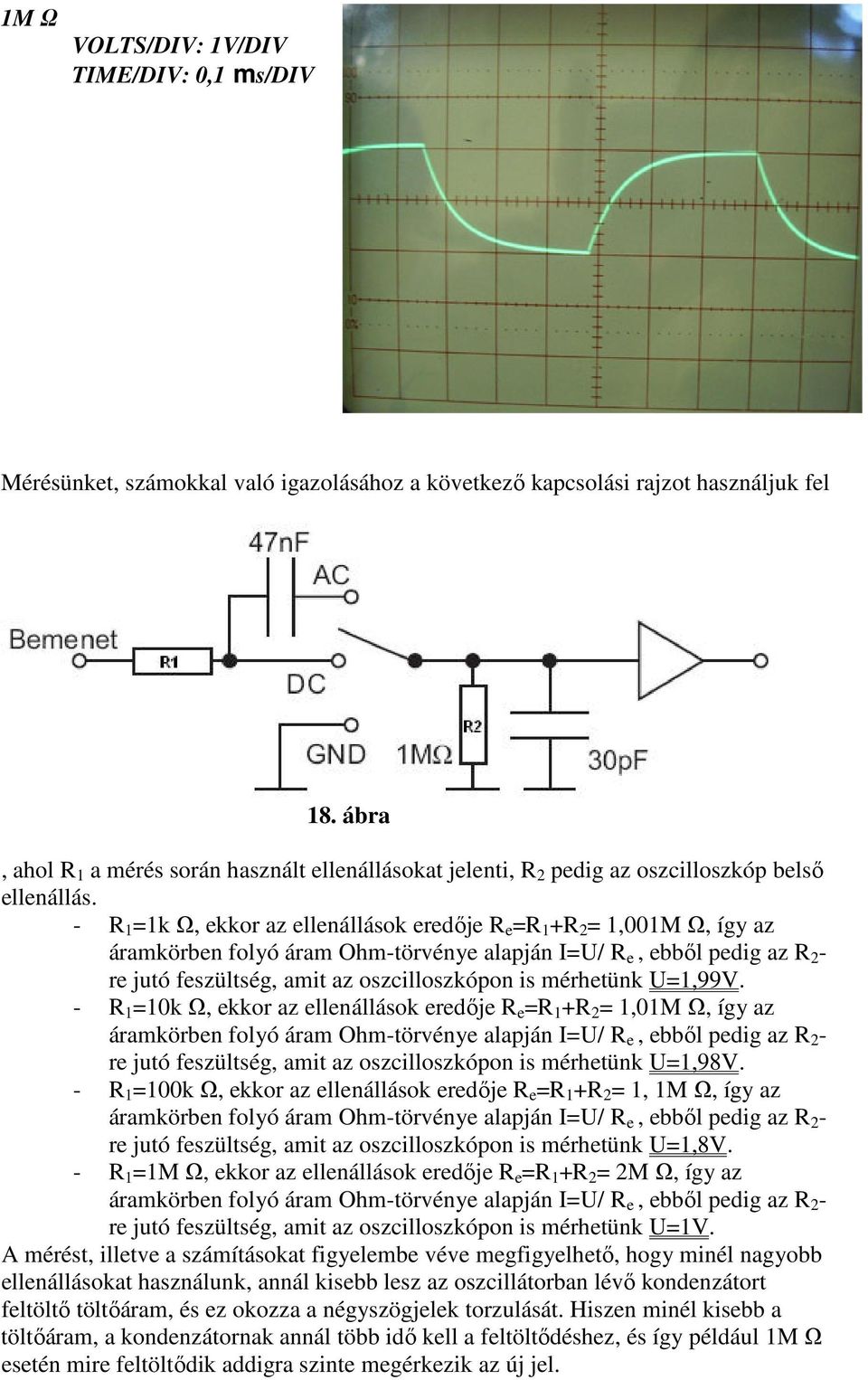 - R 1 =1k Ω, ekkor az ellenállások eredıje R e =R 1 +R 2 = 1,001M Ω, így az áramkörben folyó áram Ohm-törvénye alapján I=U/ R e, ebbıl pedig az R 2 - re jutó feszültség, amit az oszcilloszkópon is