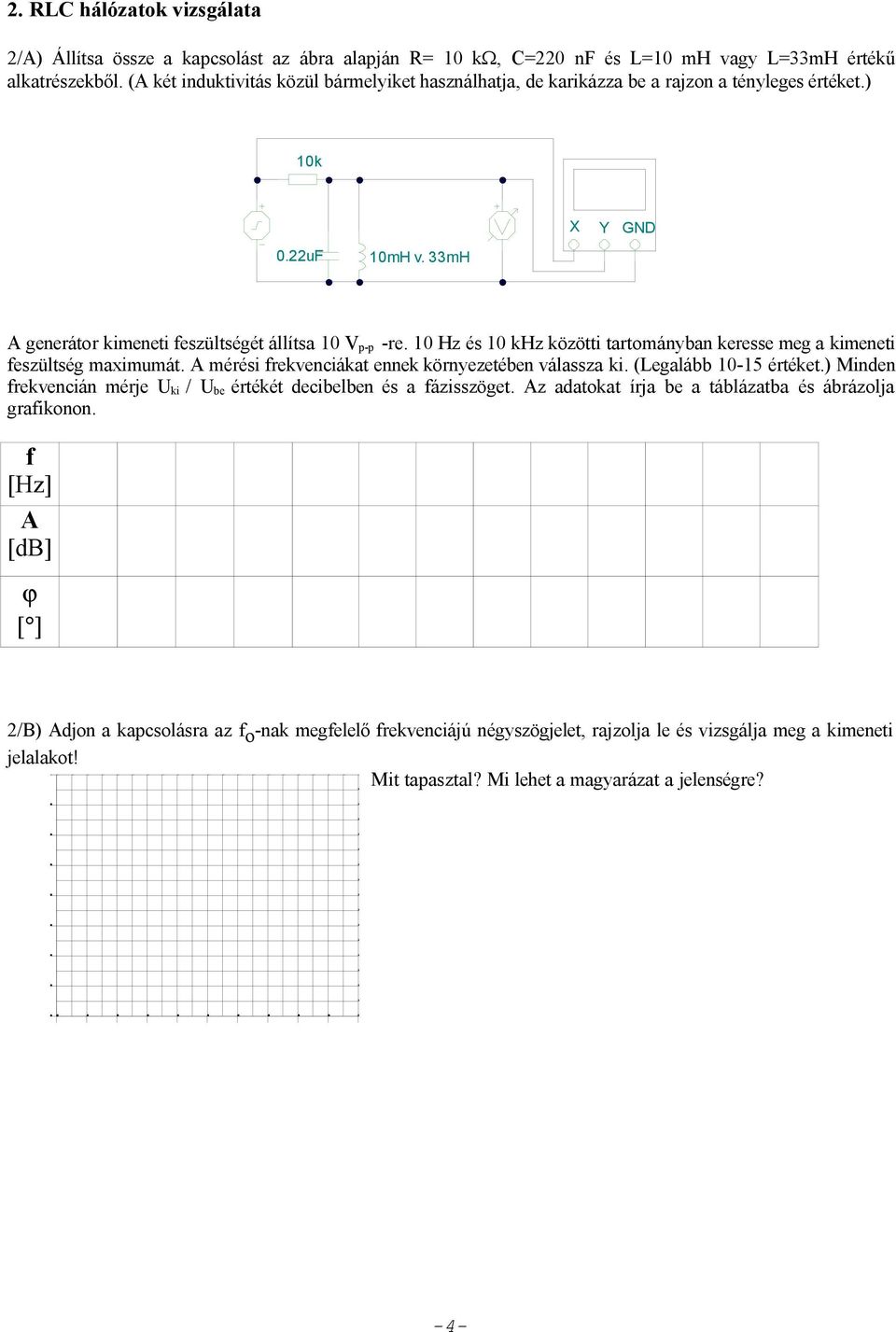 10 Hz és 10 khz közötti tartományban keresse meg a kimeneti eszültség maximumát. mérési rekvenciákat ennek környezetében válassza ki. (Legalább 10-15 értéket.