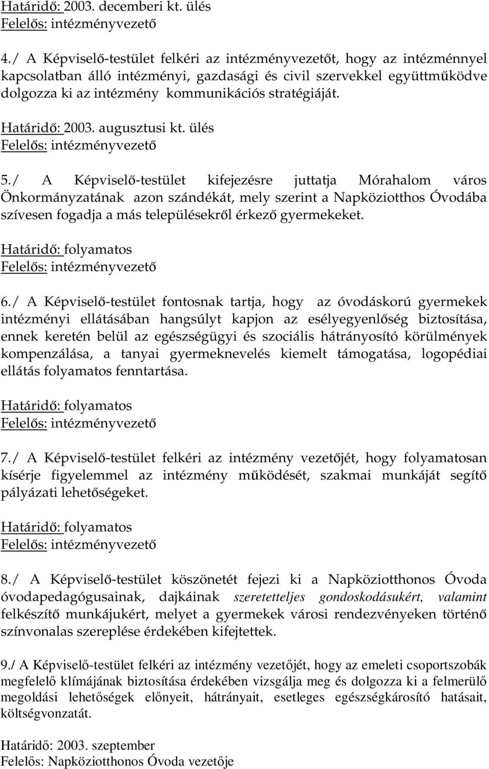 Határidő: 2003. augusztusi kt. ülés Felelős: intézményvezető 5.