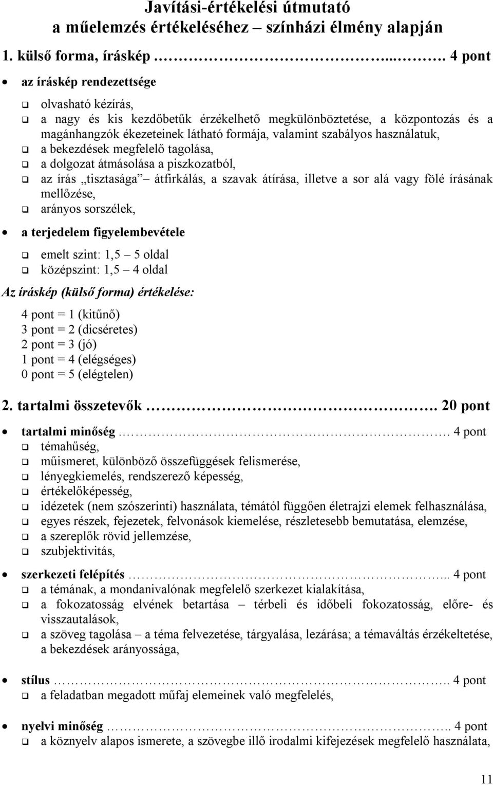 használatuk, a bekezdések megfelelő tagolása, a dolgozat átmásolása a piszkozatból, az írás tisztasága átfirkálás, a szavak átírása, illetve a sor alá vagy fölé írásának mellőzése, arányos sorszélek,