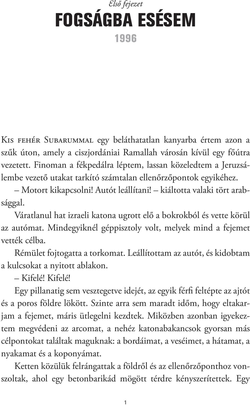 Váratlanul hat izraeli katona ugrott elő a bokrokból és vette körül az autómat. Mindegyiknél géppisztoly volt, melyek mind a fejemet vették célba. Rémület fojtogatta a torkomat.