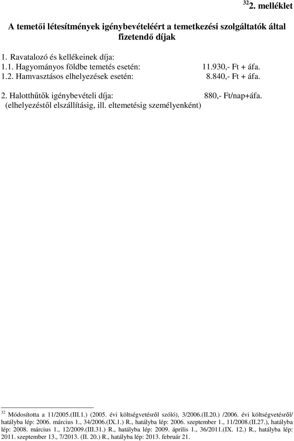 eltemetésig személyenként) 32 Módosította a 11/2005.(III.1.) (2005. évi költségvetésről szóló), 3/2006.(II.20.) /2006. évi költségvetésről/ hatályba lép: 2006. március 1., 34/2006.(IX.1.) R.