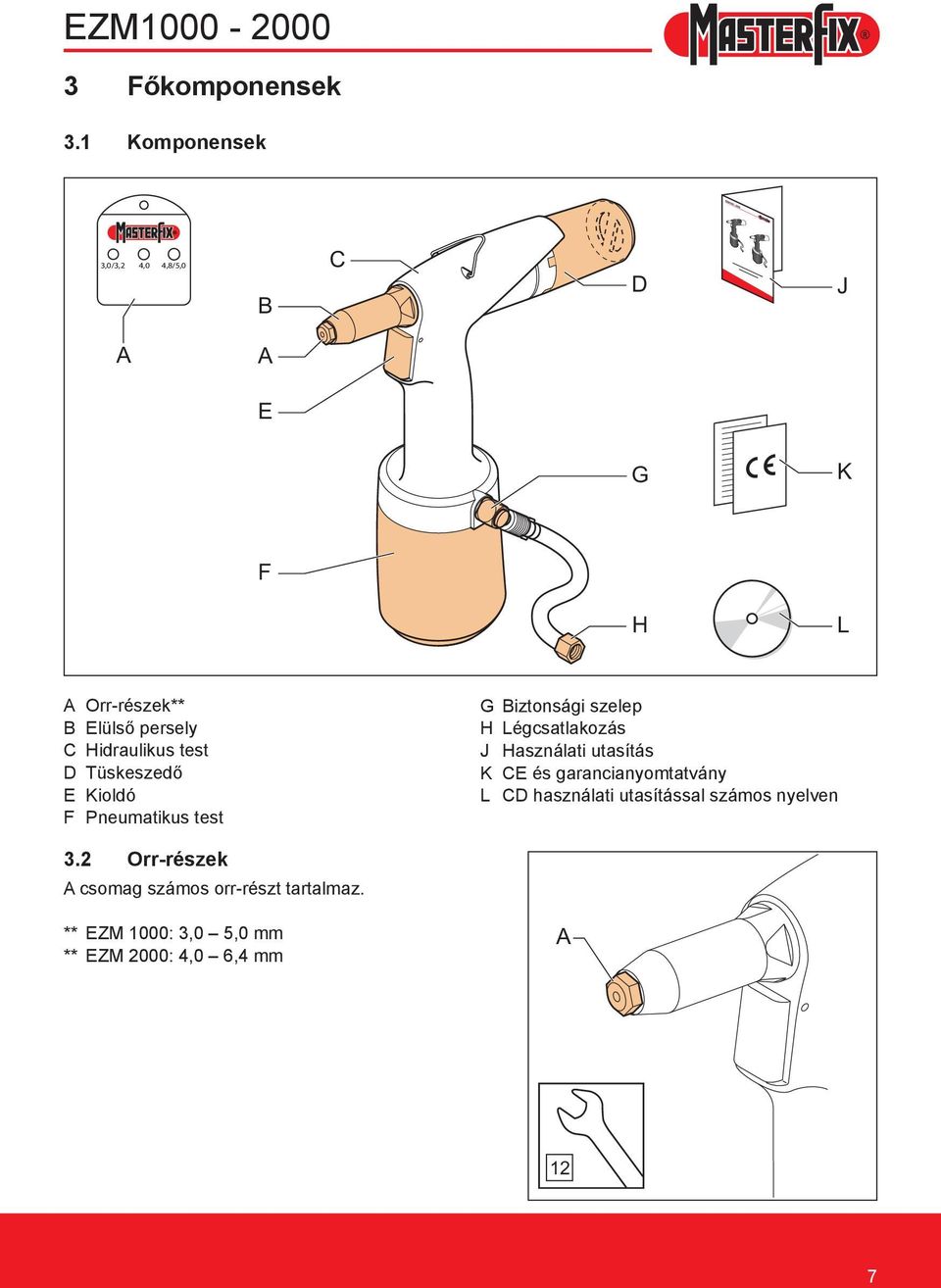 Tüskeszedő E Kioldó F Pneumatikus test G iztonsági szelep H Légcsatlakozás J Használati utasítás K