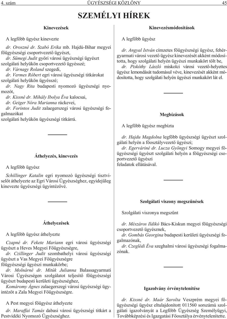 Vermes Róbert egri városi ügyészségi titkárokat szolgálati helyükön ügyésszé; dr. Nagy Rita budapesti nyomozó ügyészségi nyomozót, dr. Kissné dr. Mihály Ibolya Éva kalocsai, dr.