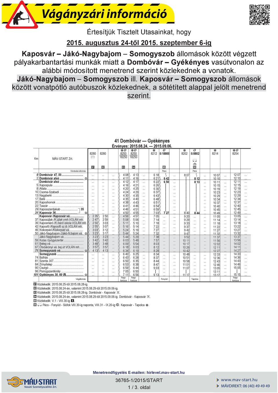 Jákó-Ngybjom Somogyszob ll. Kposvár Somogyszob állomások között vontpótló utóbuszok közlekednek, sötétített lppl jelölt menetrend szernt.