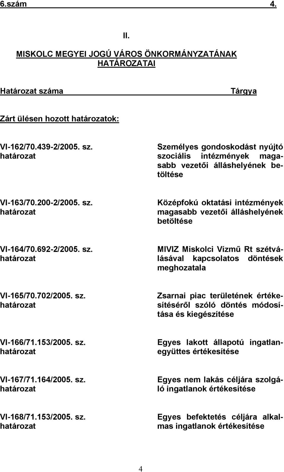 702/2005. sz. határozat Zsarnai piac területének értékesítéséről szóló döntés módosítása és kiegészítése VI-166/71.153/2005. sz. határozat Egyes lakott állapotú ingatlanegyüttes értékesítése VI-167/71.