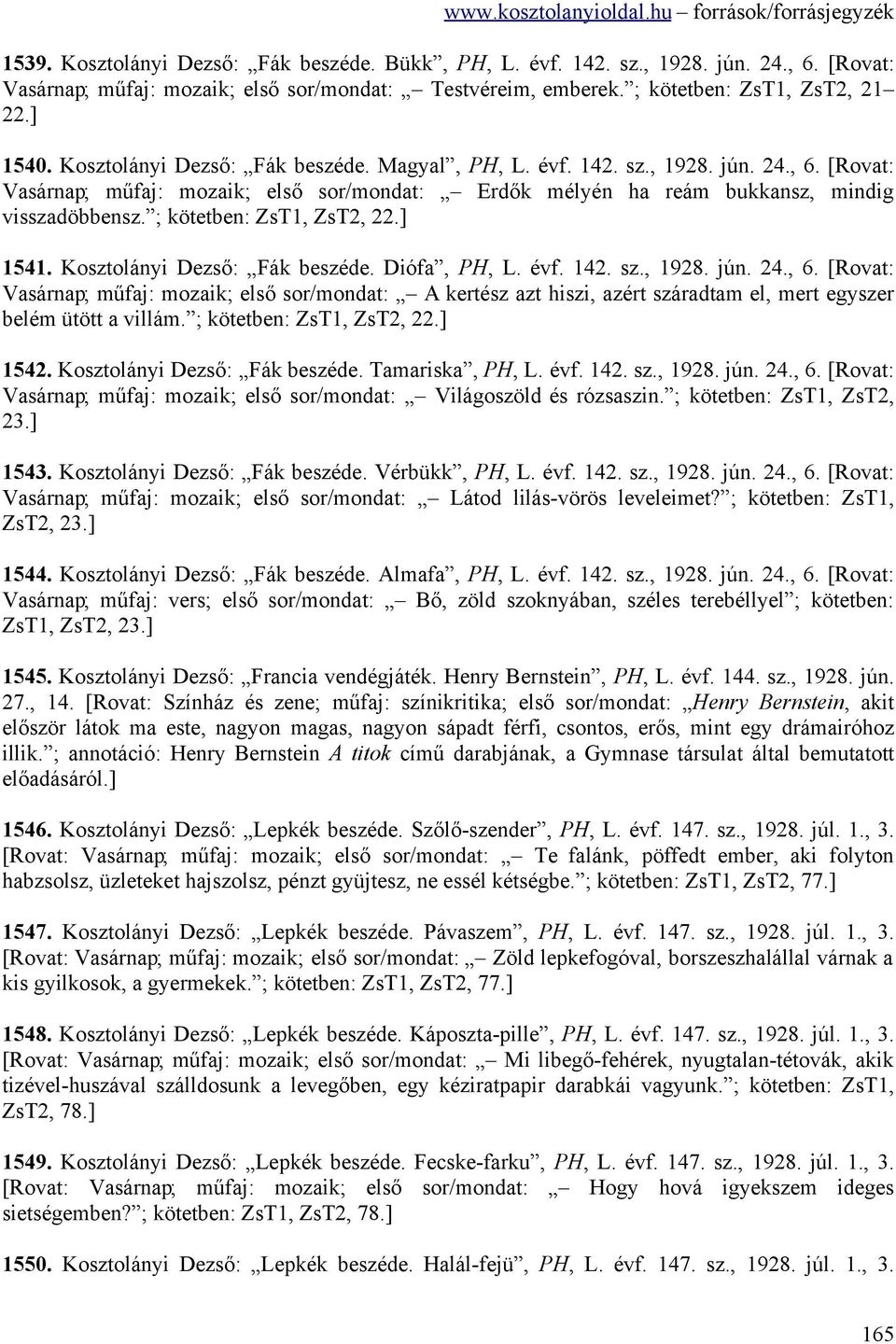 ; kötetben: ZsT1, ZsT2, 22.] 1541. Kosztolányi Dezső: Fák beszéde. Diófa, PH, L. évf. 142. sz., 1928. jún. 24., 6.