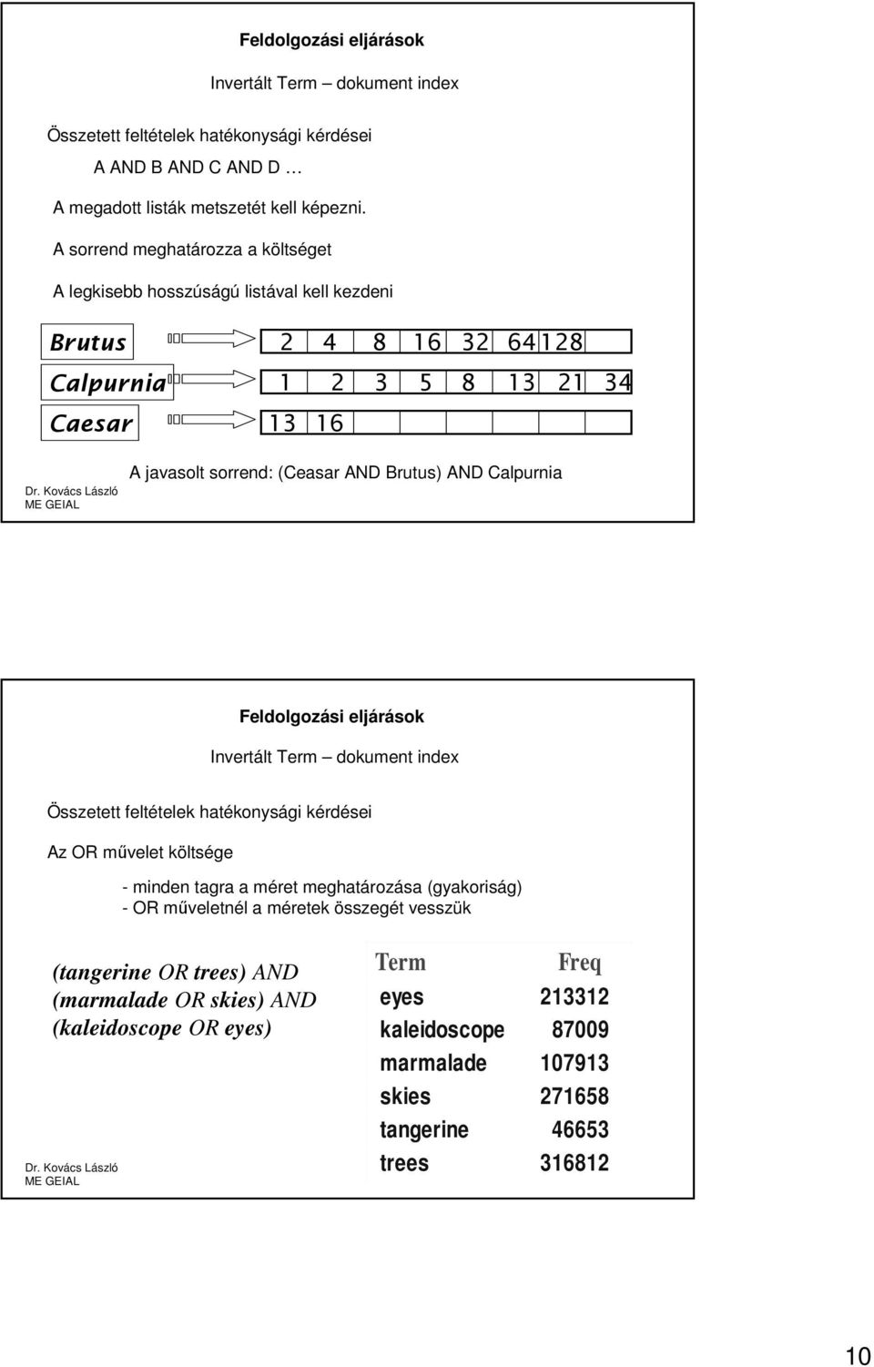 sorrend: (Ceasar AND Brutus) AND Calpurnia Összetett feltételek hatékonysági kérdései Az OR művelet költsége - minden tagra a méret meghatározása (gyakoriság) -