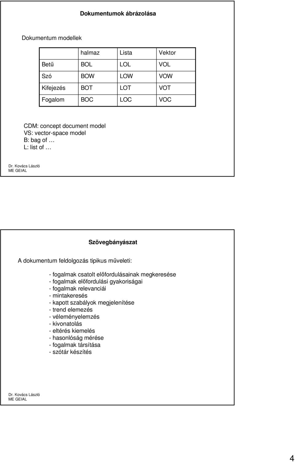 fogalmak csatolt előfordulásainak megkeresése - fogalmak előfordulási gyakoriságai - fogalmak relevanciái - mintakeresés - kapott